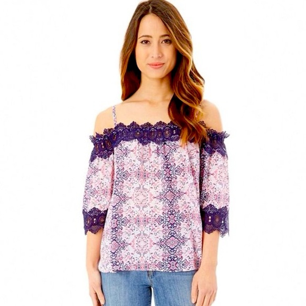 IZ Byer Boho Print Crochet Lace Off The Shoulder Cold Shoulder 3/4 Sleeve Blouse